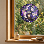 Wise Owl in a Witch Hat Moon Phase Stained Glass Suncatcher