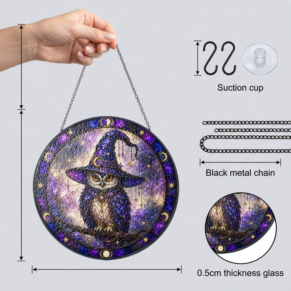 Wise Owl in a Witch Hat Moon Phase Stained Glass Suncatcher