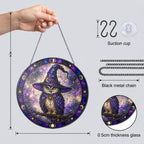 Wise Owl in a Witch Hat Moon Phase Stained Glass Suncatcher