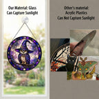 Wise Owl in a Witch Hat Moon Phase Stained Glass Suncatcher
