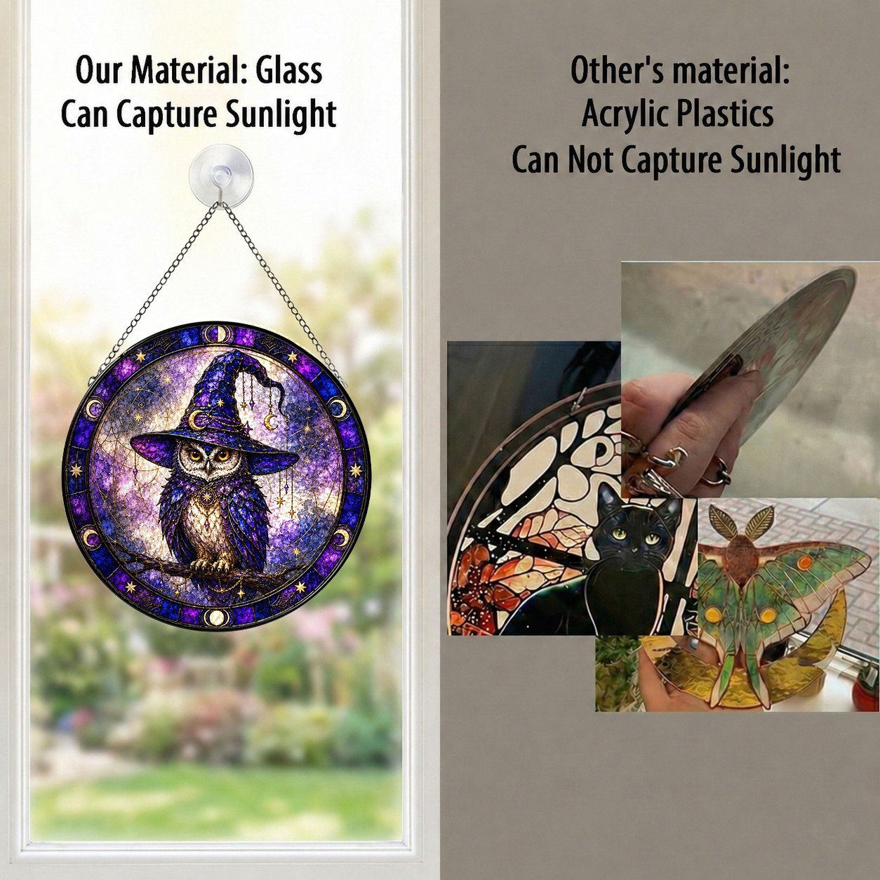 Wise Owl in a Witch Hat Moon Phase Stained Glass Suncatcher