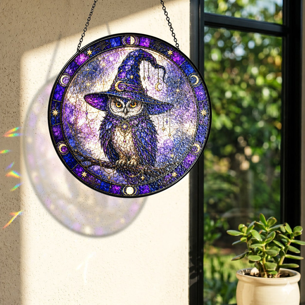 Wise Owl in a Witch Hat Moon Phase Stained Glass Suncatcher
