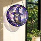 Wise Owl in a Witch Hat Moon Phase Stained Glass Suncatcher