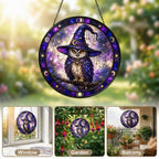 Wise Owl in a Witch Hat Moon Phase Stained Glass Suncatcher