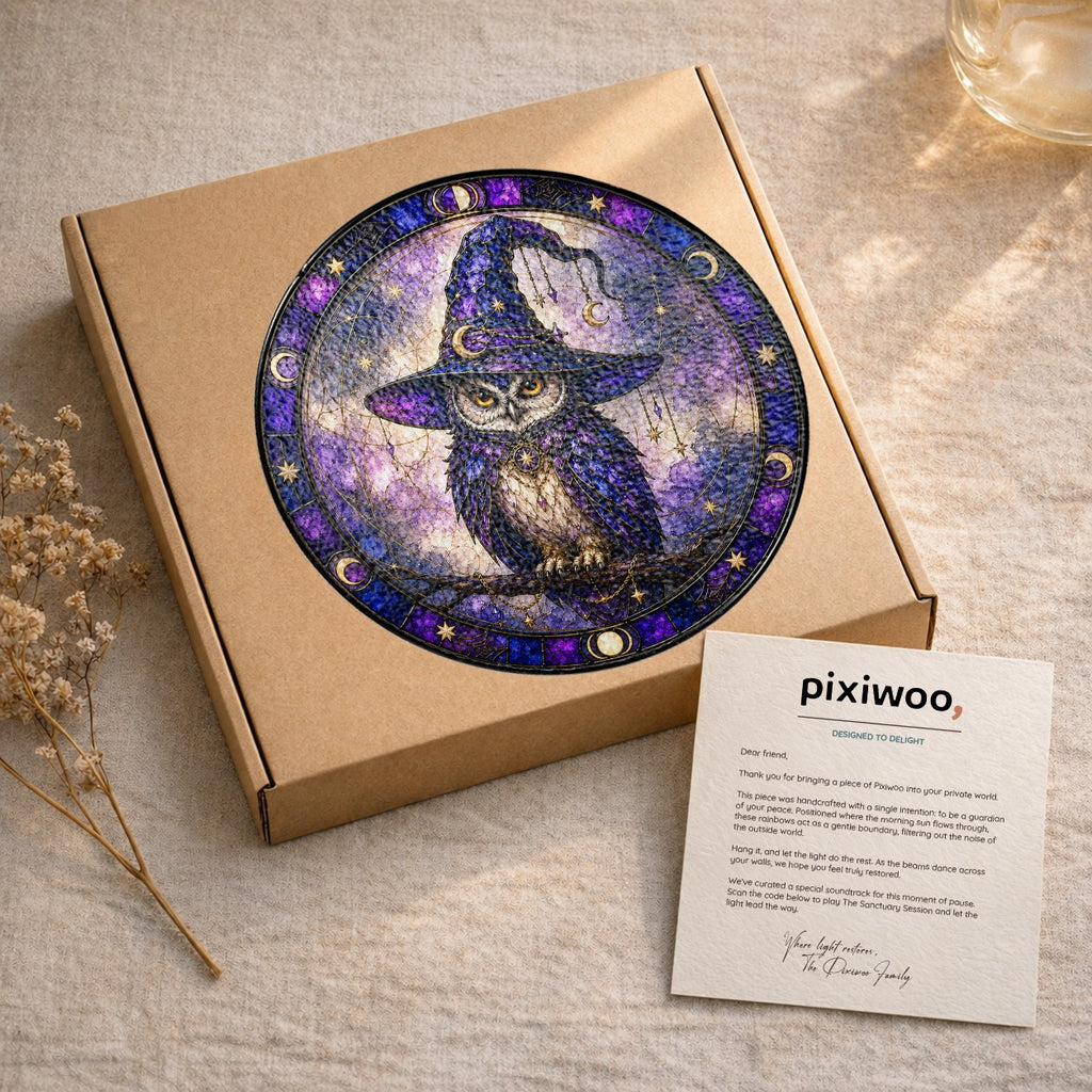 Wise Owl in a Witch Hat Moon Phase Stained Glass Suncatcher