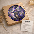 Wise Owl in a Witch Hat Moon Phase Stained Glass Suncatcher