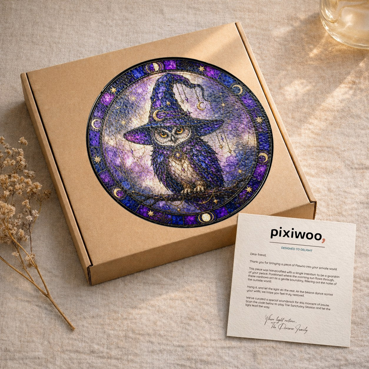 Wise Owl in a Witch Hat Moon Phase Stained Glass Suncatcher