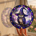 Wise Owl in a Witch Hat Moon Phase Stained Glass Suncatcher