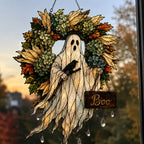 Ghost with Boo Sign and Autumn Wreath Holographic Acrylic Suncatcher
