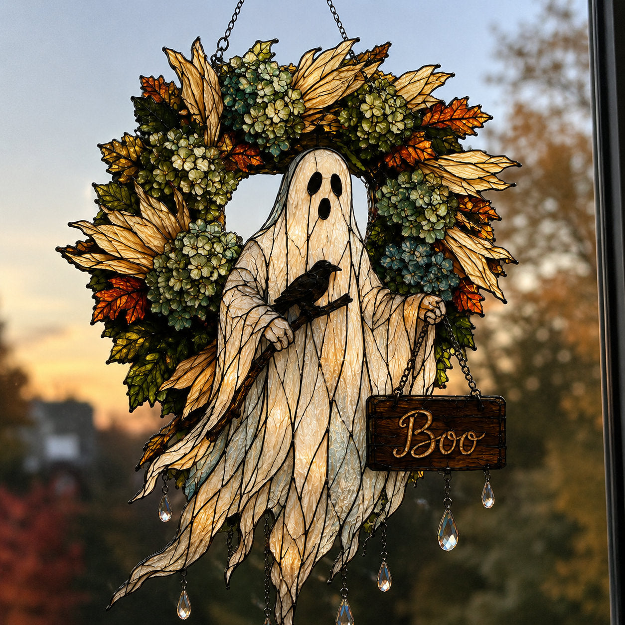 Ghost with Boo Sign and Autumn Wreath Holographic Acrylic Suncatcher