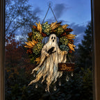 Ghost with Boo Sign and Autumn Wreath Holographic Acrylic Suncatcher