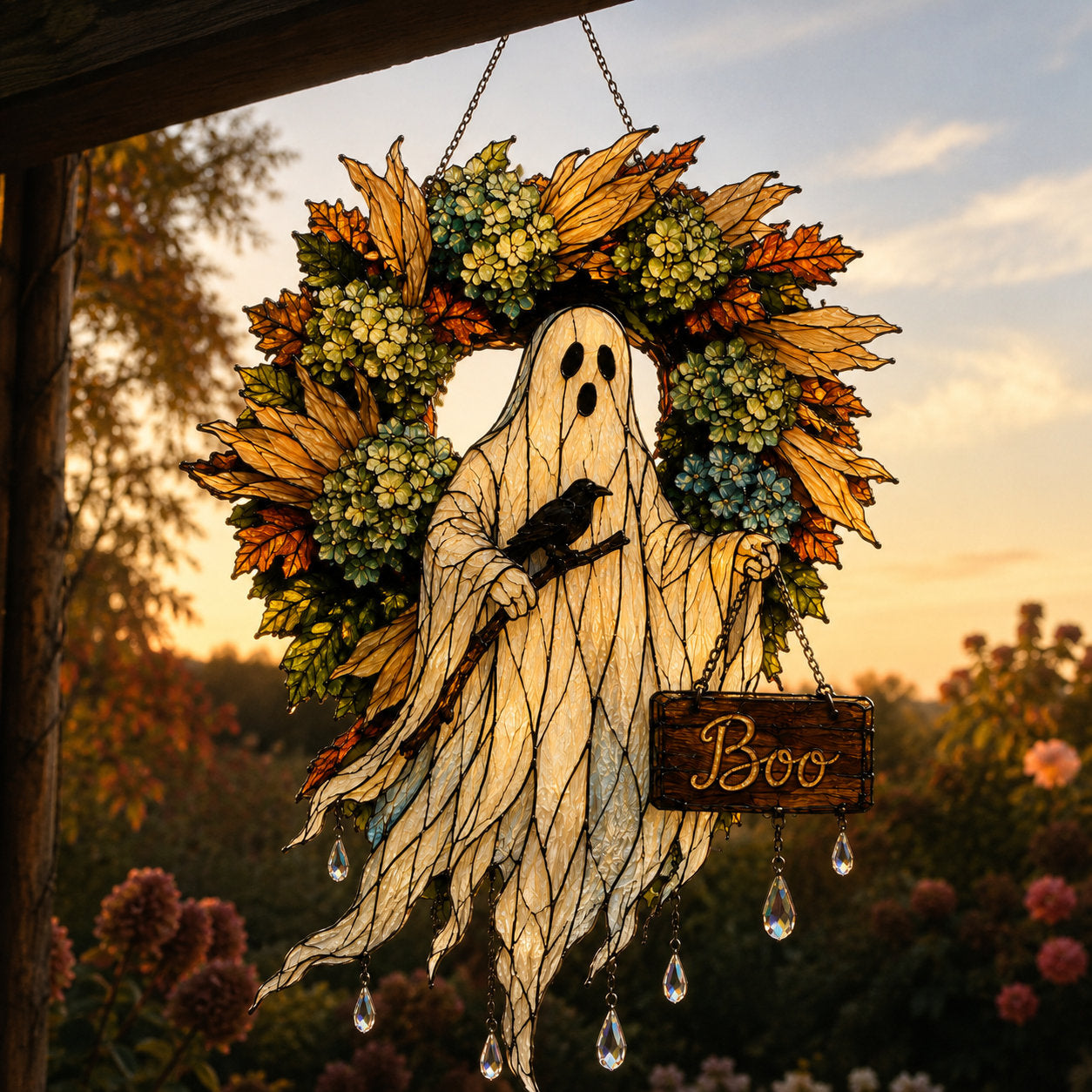 Ghost with Boo Sign and Autumn Wreath Holographic Acrylic Suncatcher