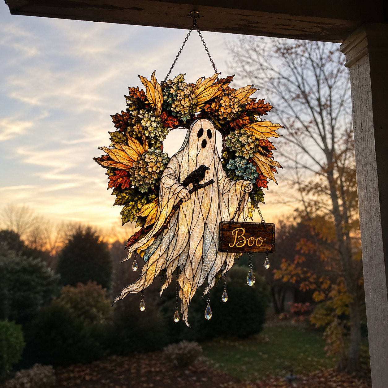 Ghost with Boo Sign and Autumn Wreath Holographic Acrylic Suncatcher