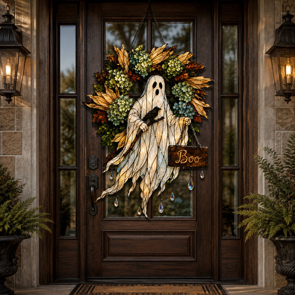 Ghost with Boo Sign and Autumn Wreath Holographic Acrylic Suncatcher