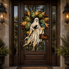 Ghost with Boo Sign and Autumn Wreath Holographic Acrylic Suncatcher