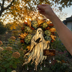 Ghost with Boo Sign and Autumn Wreath Holographic Acrylic Suncatcher
