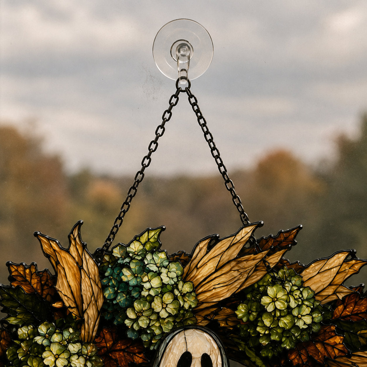 Ghost with Boo Sign and Autumn Wreath Holographic Acrylic Suncatcher