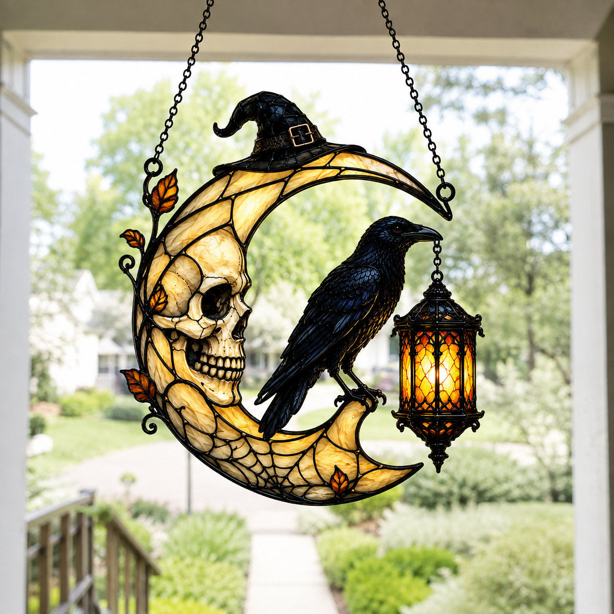 Skull Moon Raven and Lantern Holographic Acrylic Suncatcher