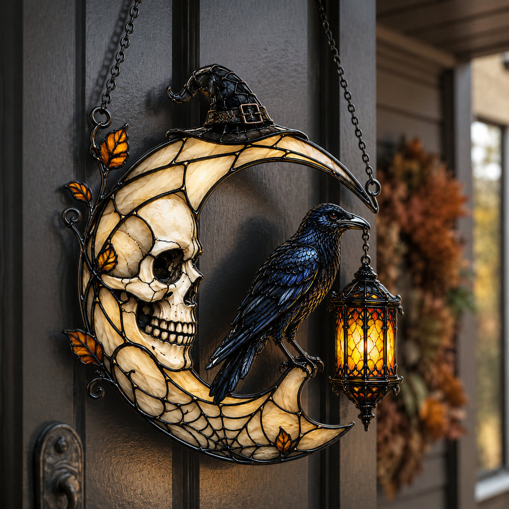 Skull Moon Raven and Lantern Holographic Acrylic Suncatcher