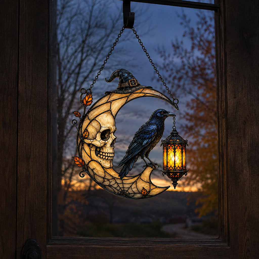 Skull Moon Raven and Lantern Holographic Acrylic Suncatcher