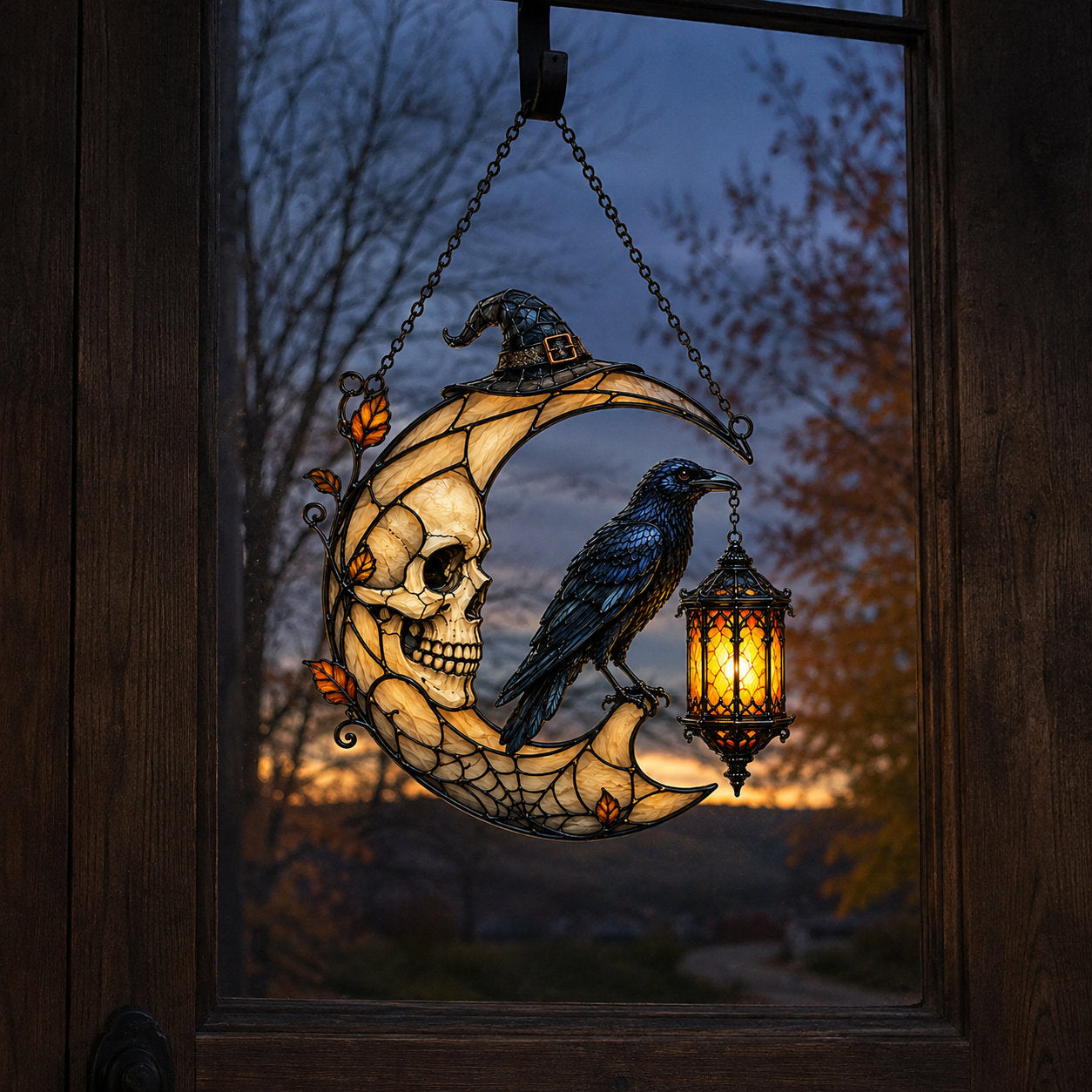Skull Moon Raven and Lantern Holographic Acrylic Suncatcher