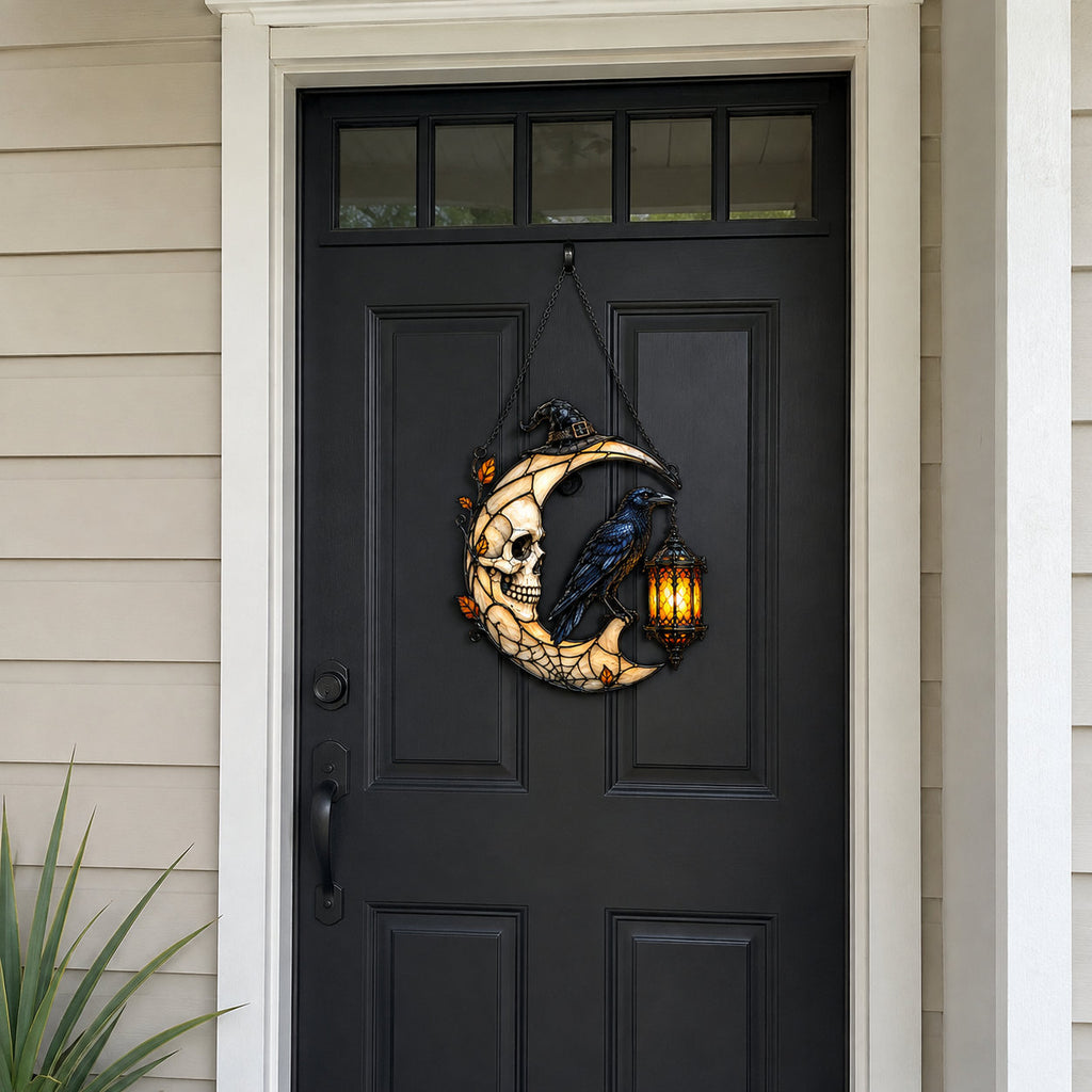 Skull Moon Raven and Lantern Holographic Acrylic Suncatcher