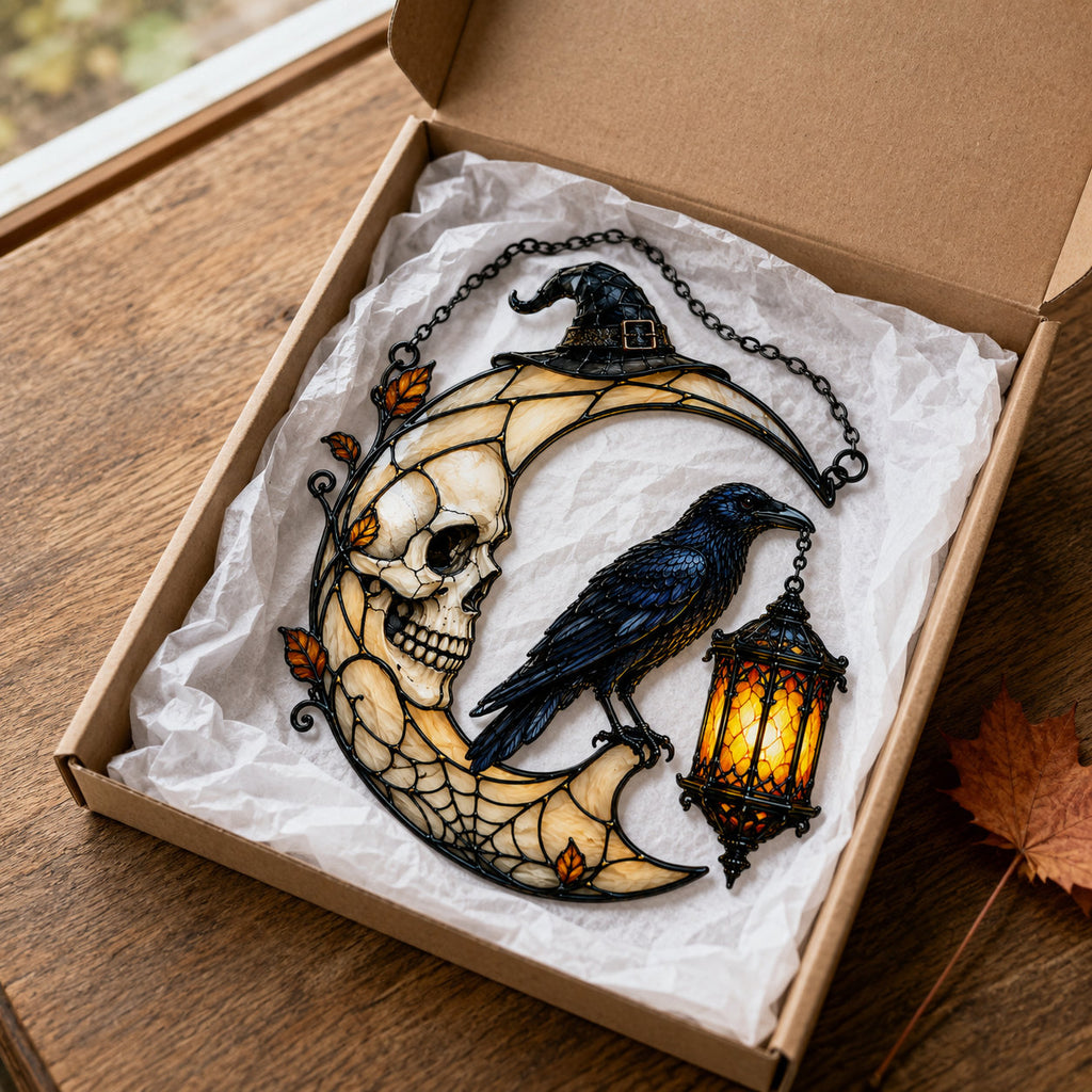 Skull Moon Raven and Lantern Holographic Acrylic Suncatcher