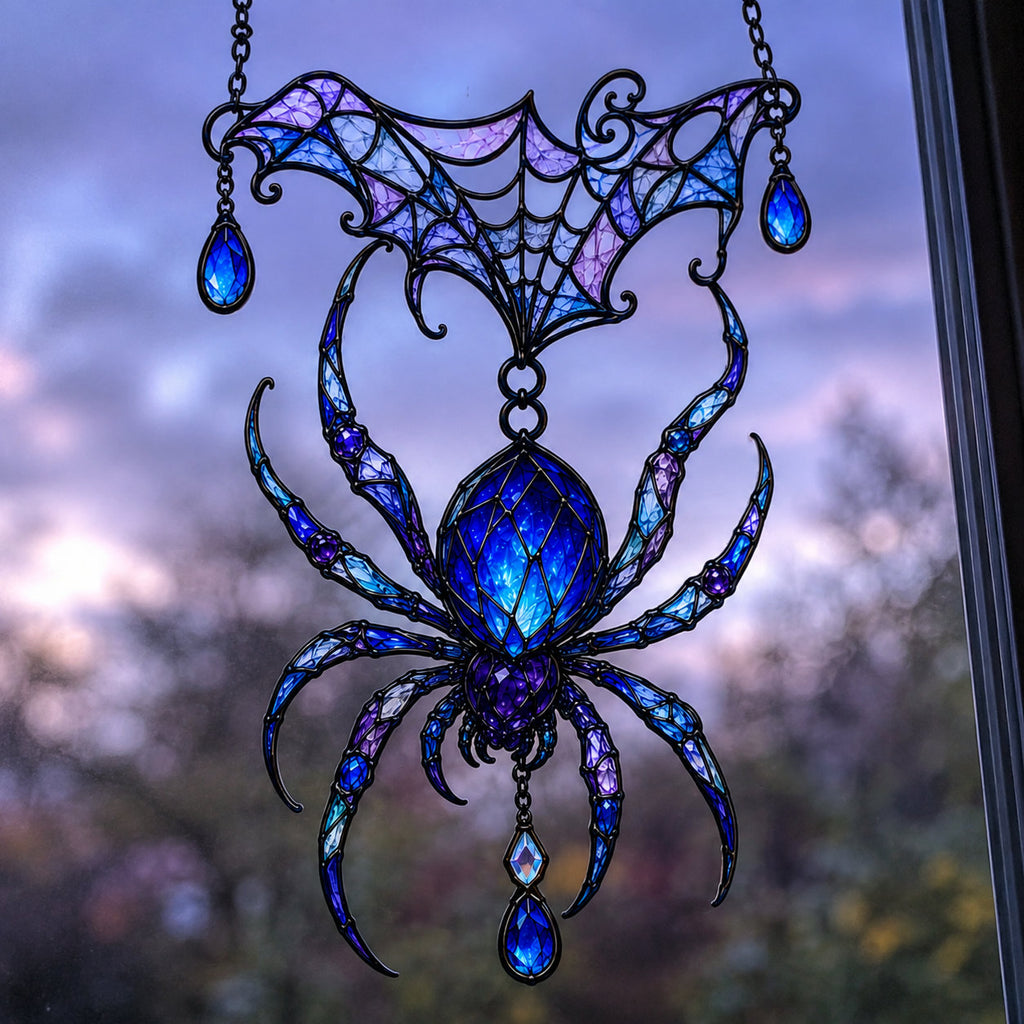 Jeweled Spider & Web Canopy Holographic Acrylic Suncatcher