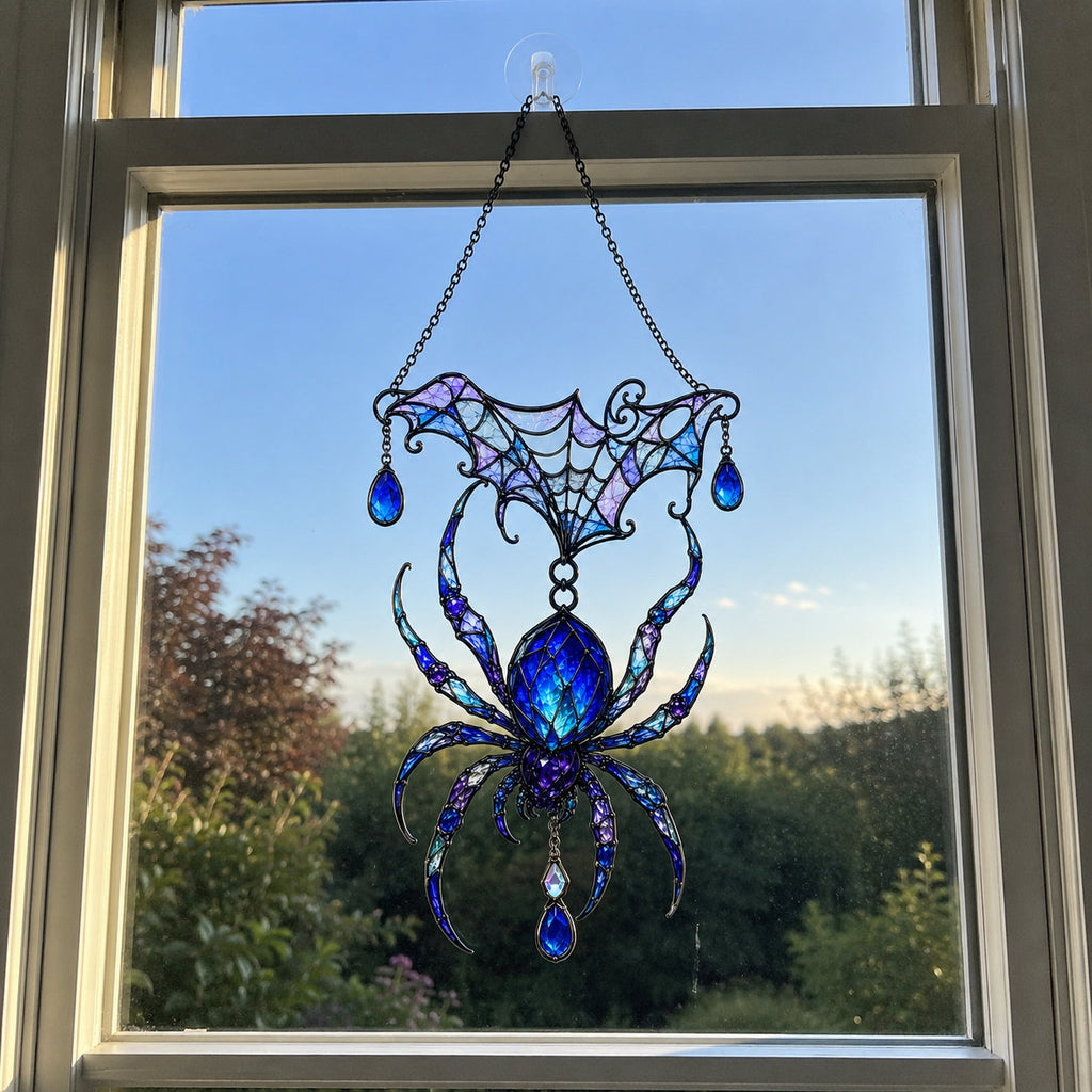 Jeweled Spider & Web Canopy Holographic Acrylic Suncatcher