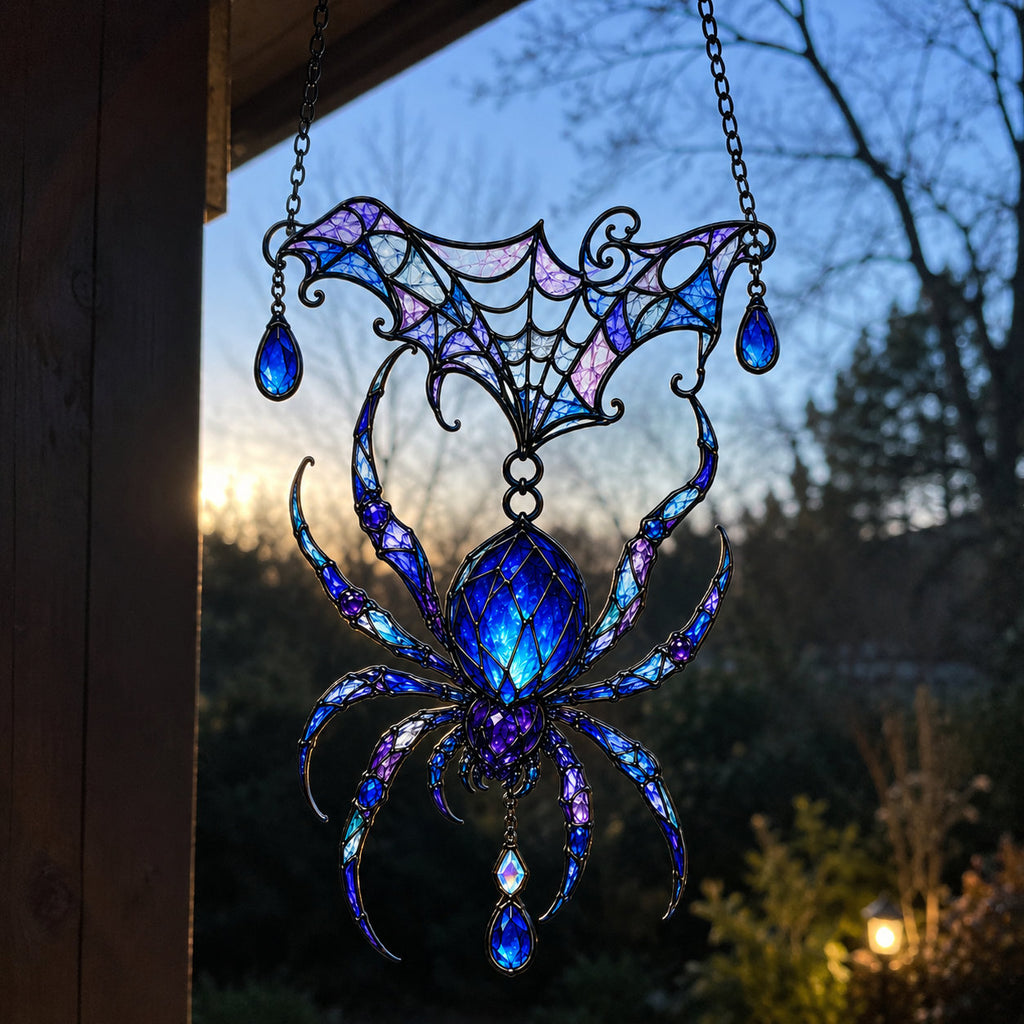 Jeweled Spider & Web Canopy Holographic Acrylic Suncatcher