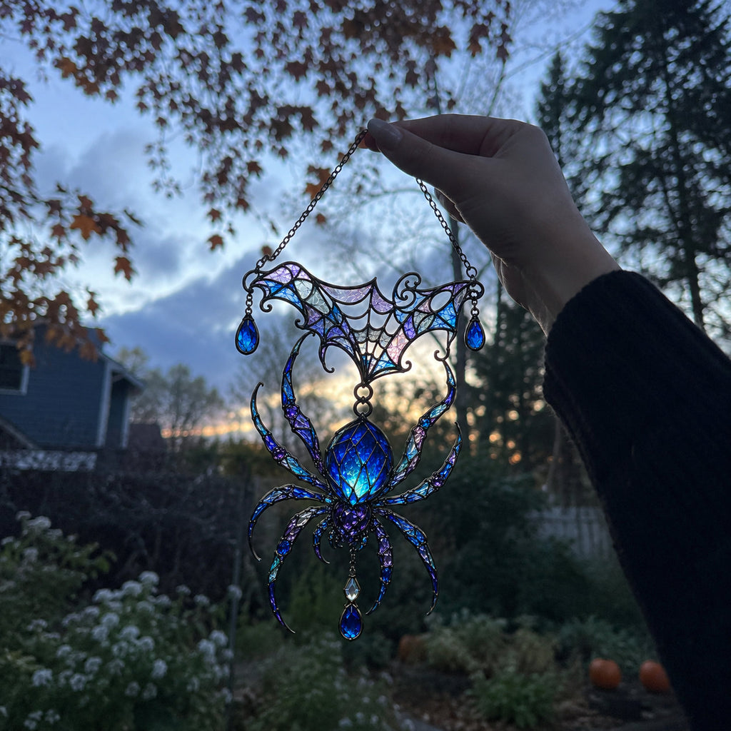 Jeweled Spider & Web Canopy Holographic Acrylic Suncatcher