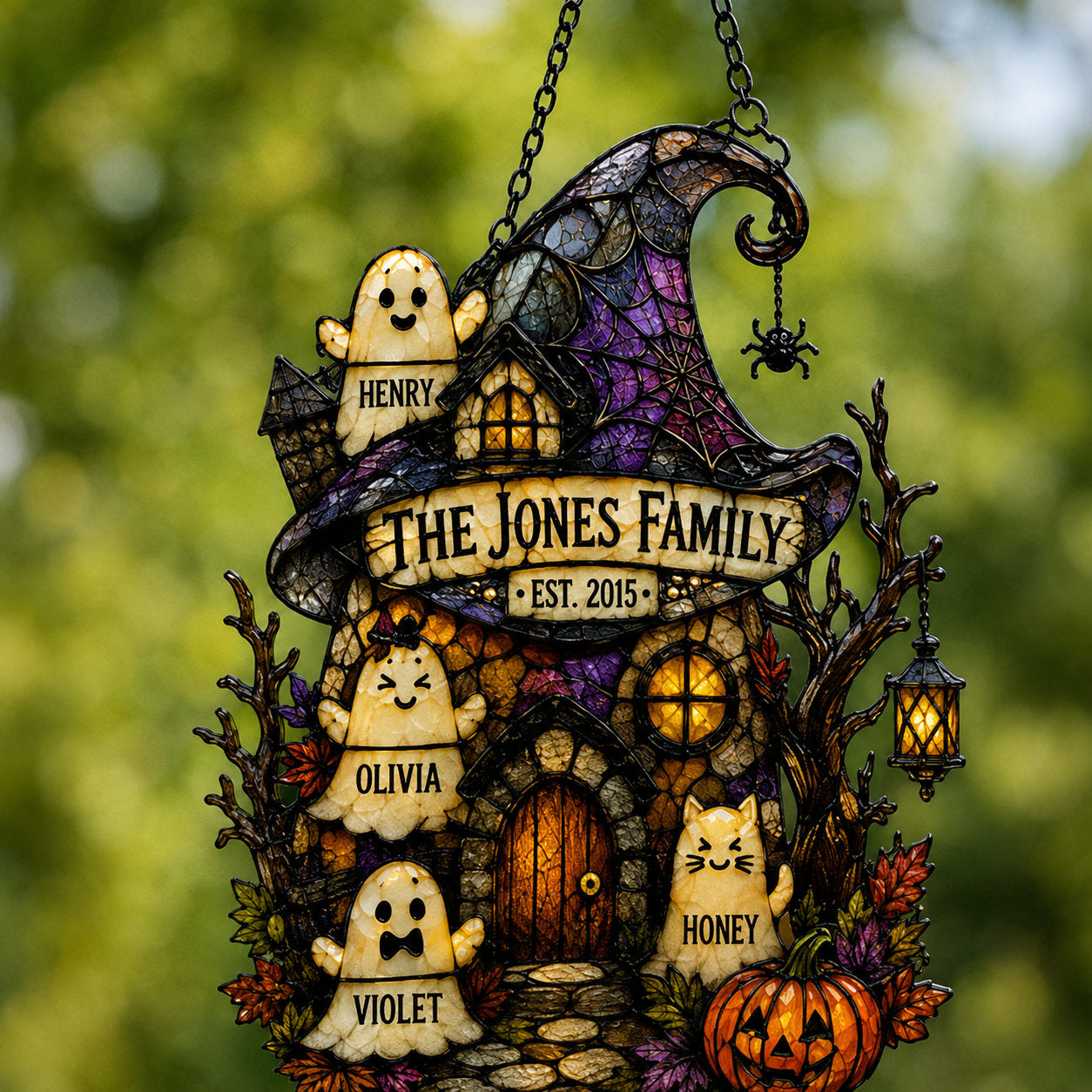 Personalized Ghost Family Witch Hat House Holographic Acrylic Suncatcher