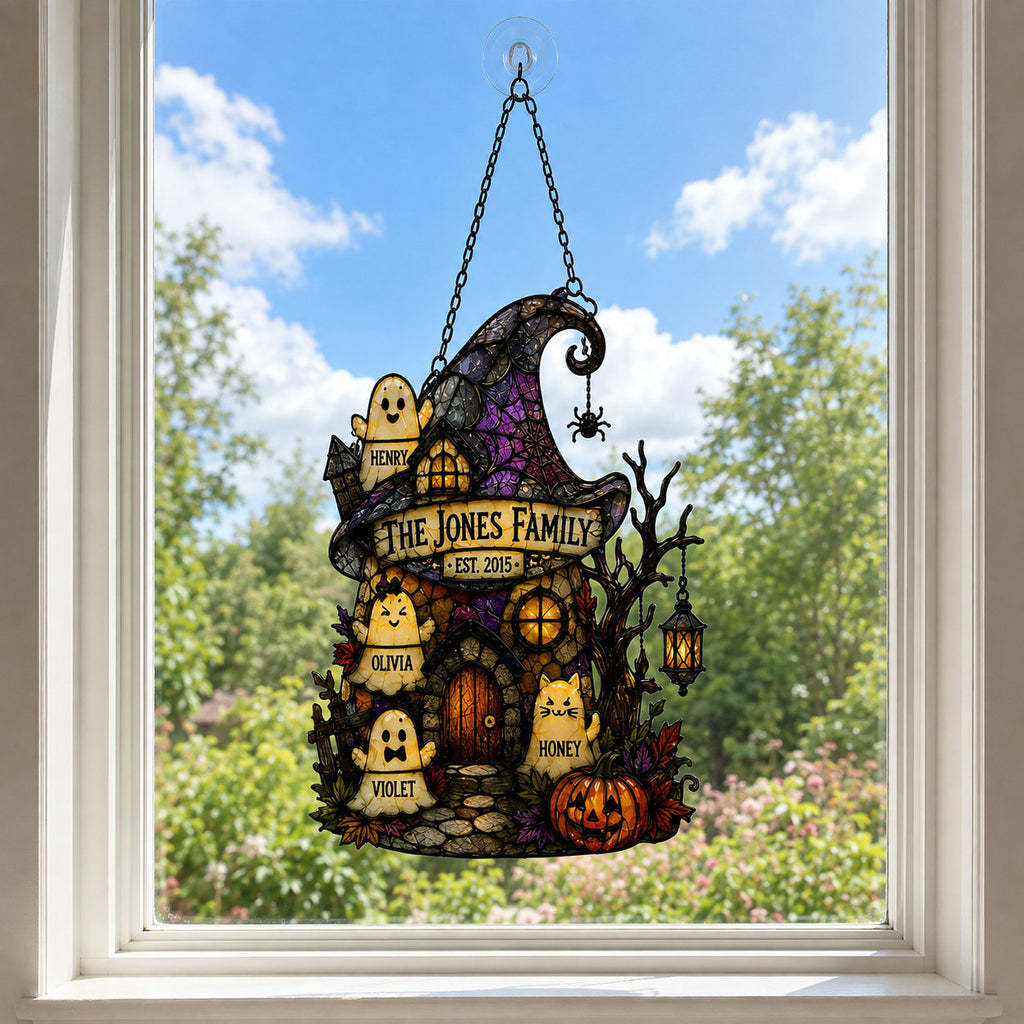 Personalized Ghost Family Witch Hat House Holographic Acrylic Suncatcher