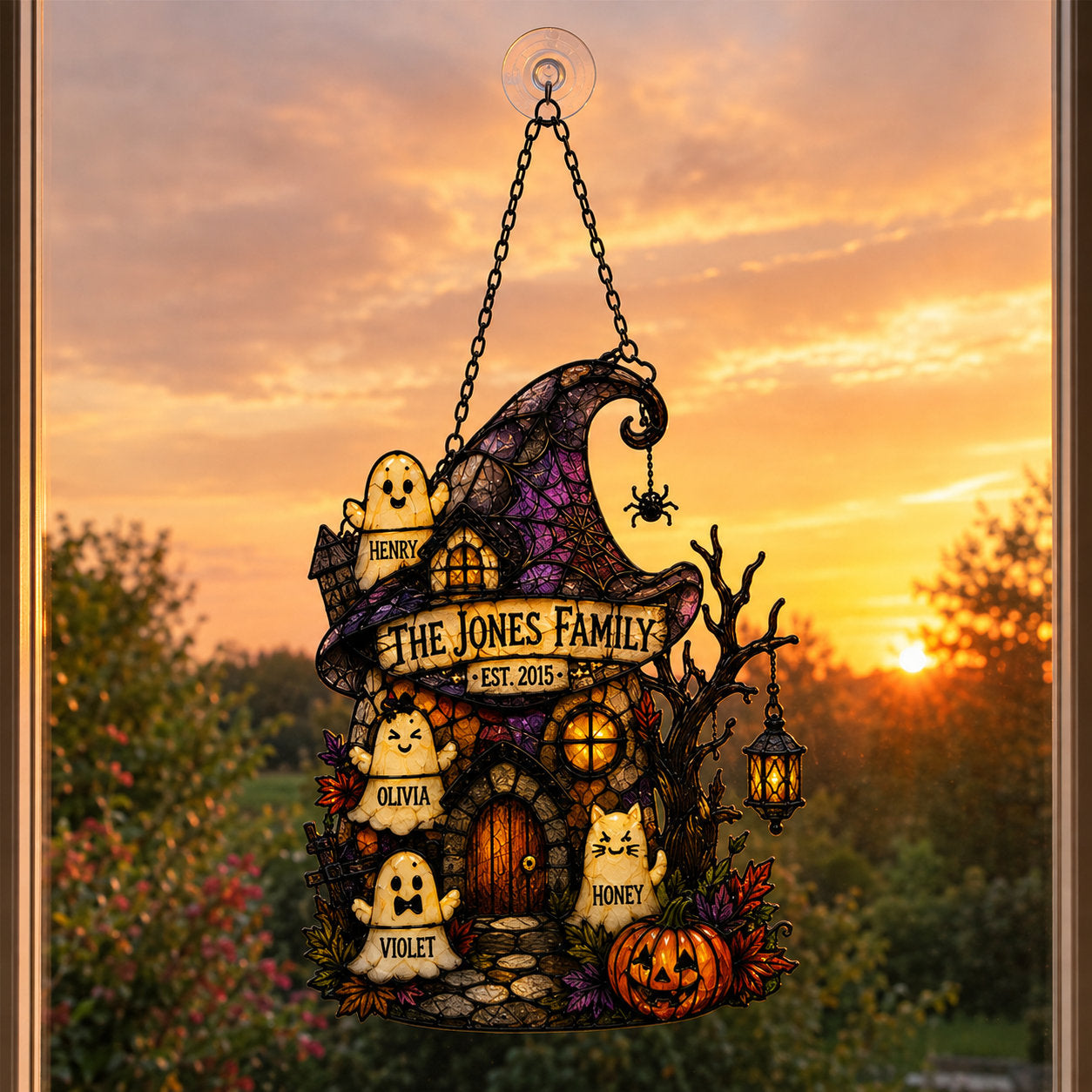 Personalized Ghost Family Witch Hat House Holographic Acrylic Suncatcher