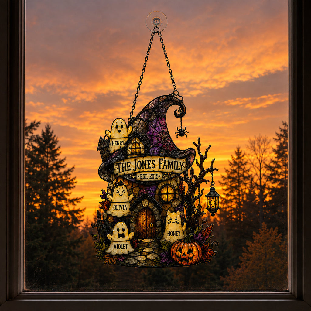 Personalized Ghost Family Witch Hat House Holographic Acrylic Suncatcher