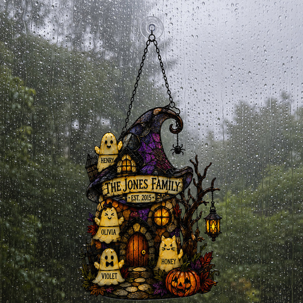 Personalized Ghost Family Witch Hat House Holographic Acrylic Suncatcher