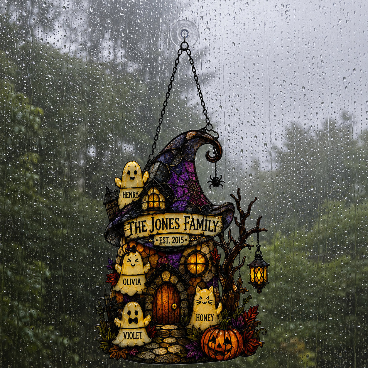 Personalized Ghost Family Witch Hat House Holographic Acrylic Suncatcher