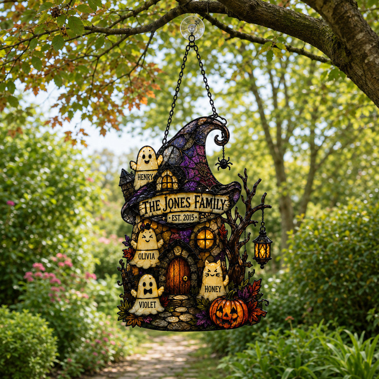 Personalized Ghost Family Witch Hat House Holographic Acrylic Suncatcher