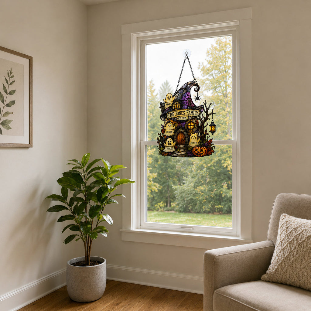 Personalized Ghost Family Witch Hat House Holographic Acrylic Suncatcher
