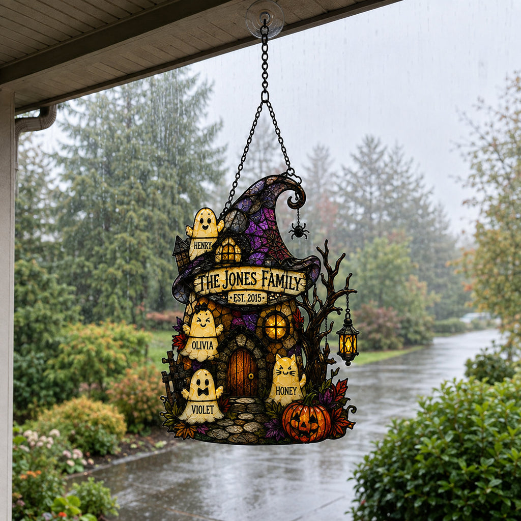 Personalized Ghost Family Witch Hat House Holographic Acrylic Suncatcher