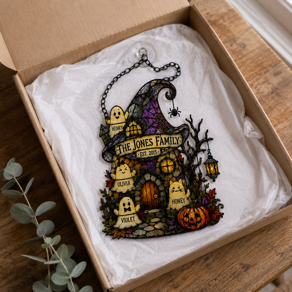 Personalized Ghost Family Witch Hat House Holographic Acrylic Suncatcher