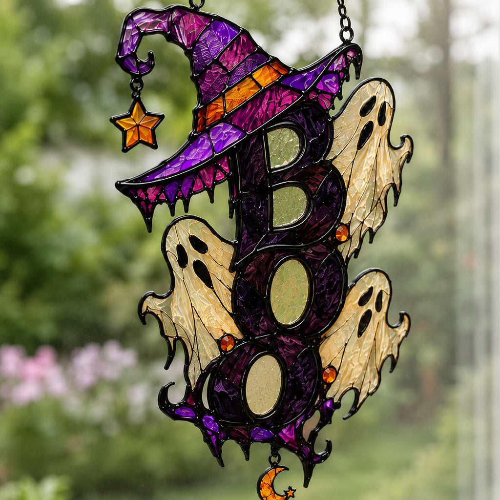 BOO Ghost Trio with Witch Hat Holographic Acrylic Suncatcher