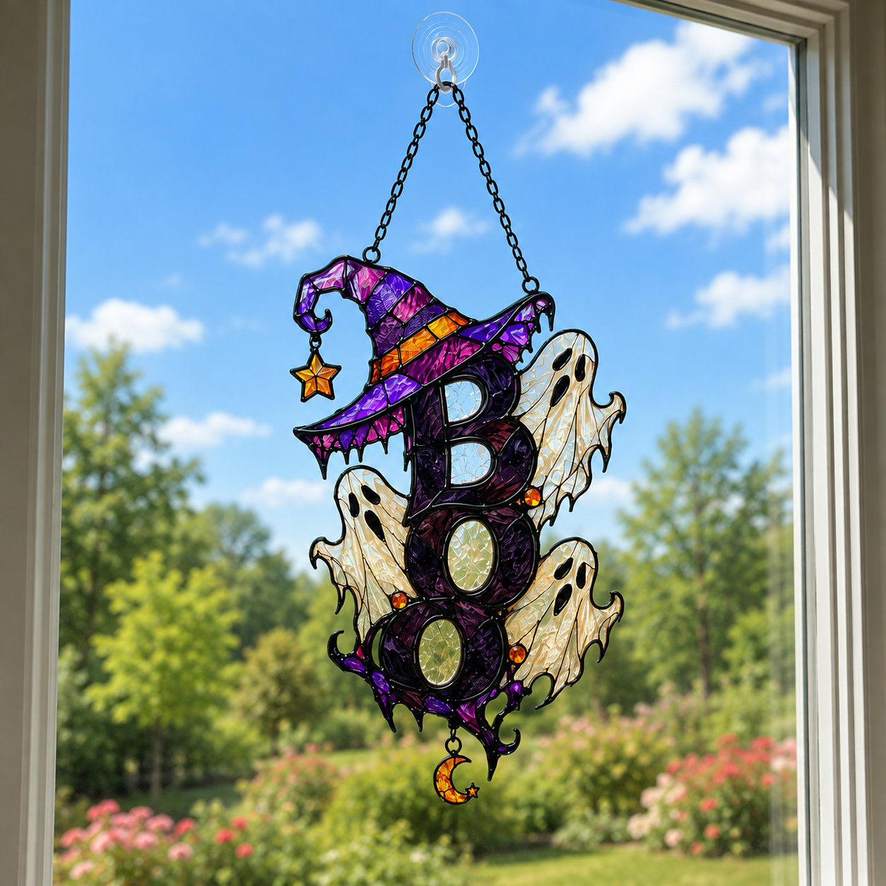 BOO Ghost Trio with Witch Hat Holographic Acrylic Suncatcher