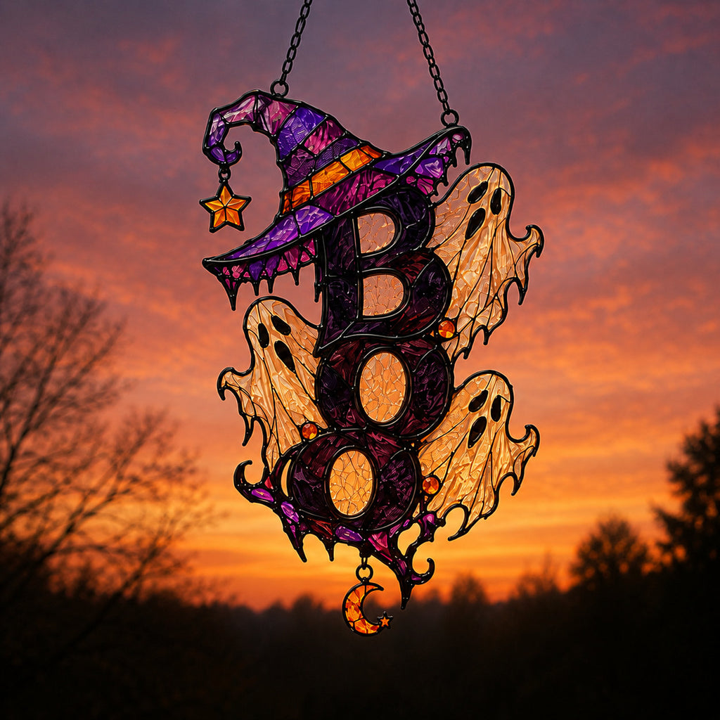 BOO Ghost Trio with Witch Hat Holographic Acrylic Suncatcher