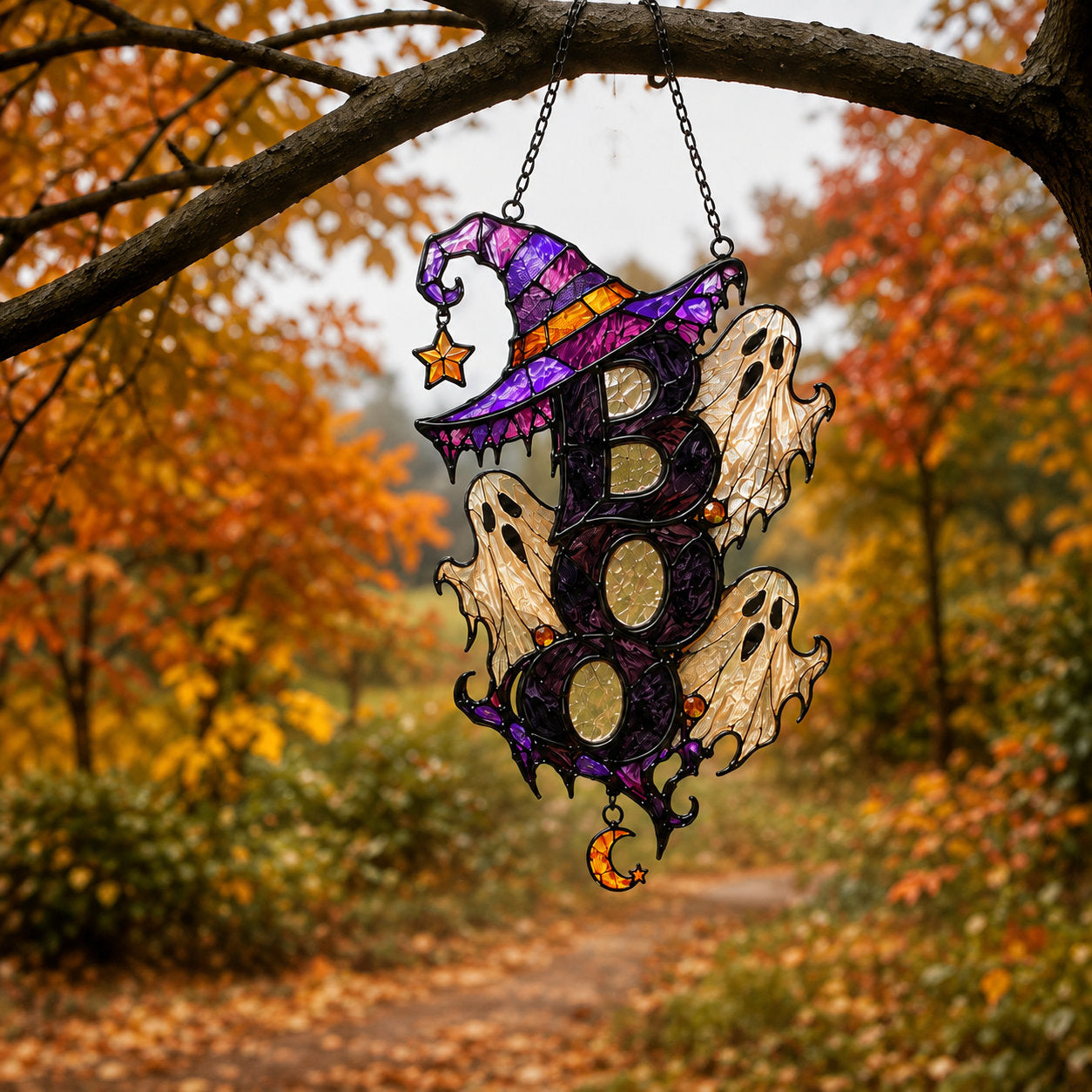 BOO Ghost Trio with Witch Hat Holographic Acrylic Suncatcher