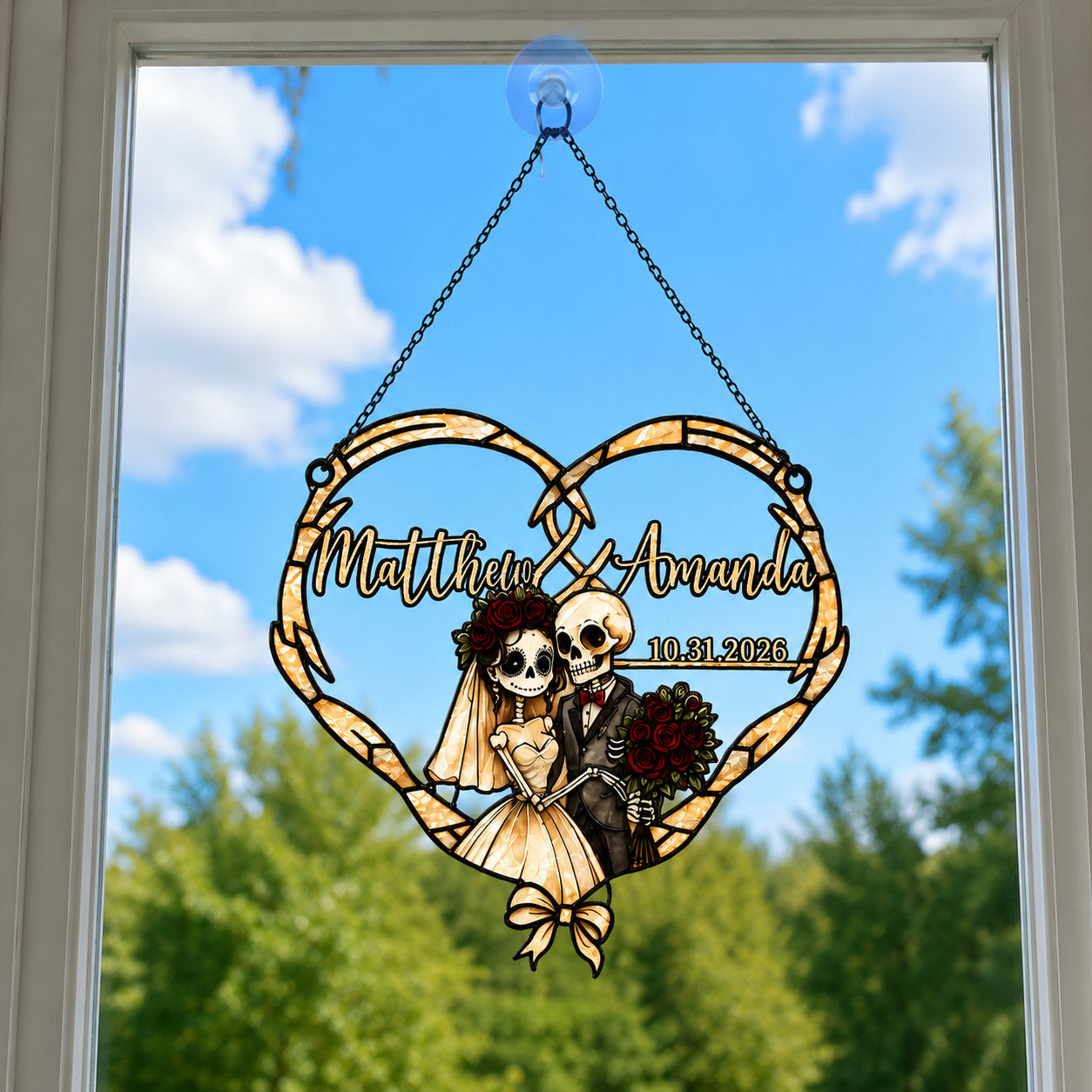 Personalized Skeleton Couple Wedding Heart Holographic Acrylic Suncatcher