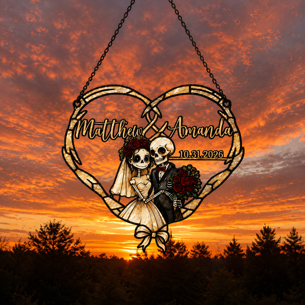 Personalized Skeleton Couple Wedding Heart Holographic Acrylic Suncatcher