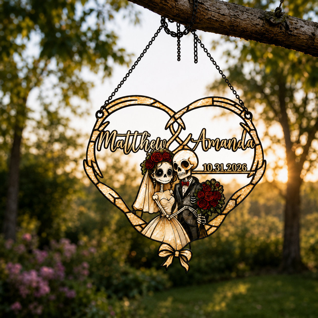 Personalized Skeleton Couple Wedding Heart Holographic Acrylic Suncatcher