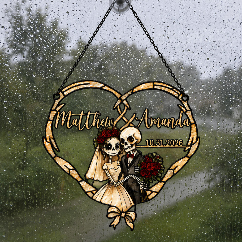 Personalized Skeleton Couple Wedding Heart Holographic Acrylic Suncatcher