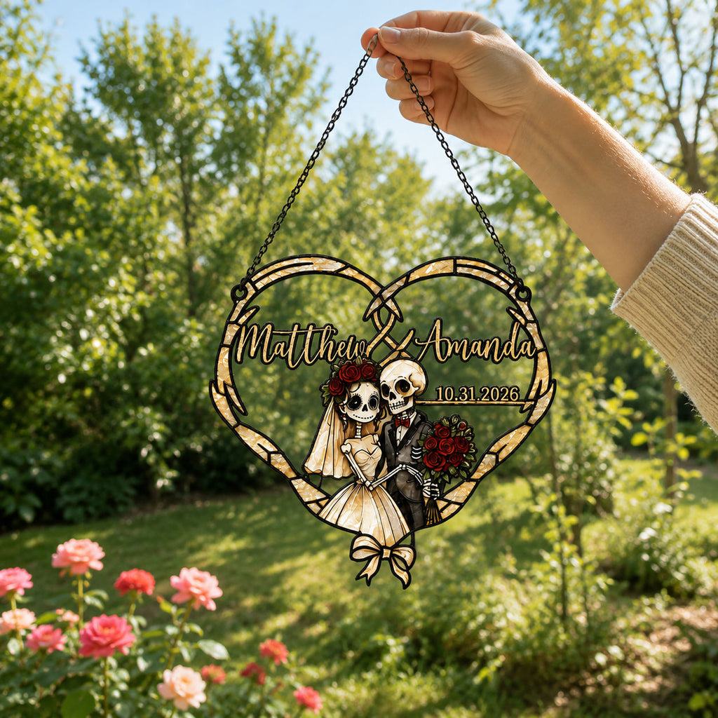 Personalized Skeleton Couple Wedding Heart Holographic Acrylic Suncatcher